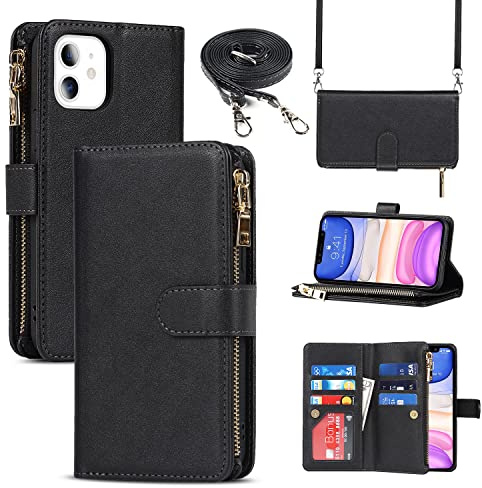 CAVOR Handykette Handyhülle kompatibel mit iPhone 11 Hülle Mit Band,Flip Leder Geldbörse Hülle Mit Kette,[9 Kartenfach][Doppelte Schnalle],Umhängeband Klapphülle Handytasche - Schwarz