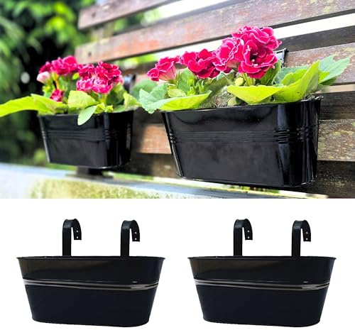 LaLaGreen Railing Planter Outdoor Plants (11.2 Inch, 2 Pack) Black Metal Iron Hanging Flower Pots Deck Rail Fence Hanging Bucket Modern Countryside Style Window Box Plant Holder with Hooks Porch Decor