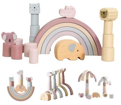 Smartwo Regnbåge trä, Montessori träleksak baby, balans-stapelspel, byggstenar för barn från 1 år, stapeltorn i pastellfärg, födelsedagspresenter för flickor och pojkar 1–2 år