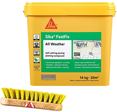 Fast Fix All Weather | Ready to Use, Self-Setting Paving Jointing Compound for Any Weather, Suitable for Stones Setts, Paving Block and Footpaths With Scrub Brush 14kg - 20 sq.m (Deep Grey)