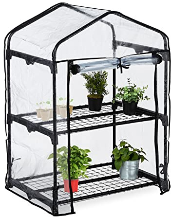 Relaxdays Gewächshaus Balkon, 2 Ebenen, HxBxT 94 x 67 x 49 cm, Foliengewächshaus, PVC-Folie, Stahl, transparent/ schwarz