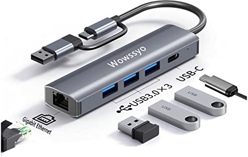 Wowssyo Hub USB C 5 in 1, Aluminium USB C Adapter für MacBook Pro/Air, Gigabit Ethernet, 1 USB C Datenport, 3 x USB 3.0, USB C Docking Station für PC, Notebook, Smartphone und Tablet mit OTG Funktion