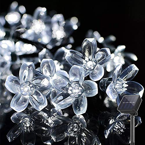 XRR - Cadena de luces solares para exteriores, 7 m, 50 ledes, flor de cerezo, exterior, jardín, 8 modos, flores, luz solar, impermeable, para jardín, balcón, boda, valla, decoraciones (blanco frío)