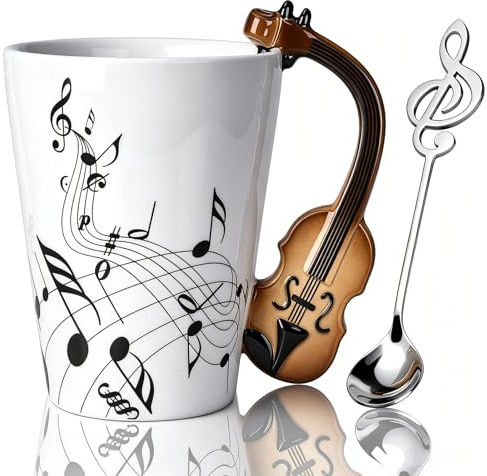 Johiux Kaffeetasse mit Musiknoten-Design, Motiv: Gitarre, Violine, Tee, Milch, Kaffee, Musikgeschenk für Freunde, Männer, Frauen, Musiklehrer, kreative Geschenke für Geburtstage, Weihnachten,