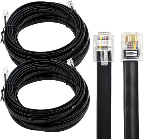 XANHAM RJ12 Cable 25 feet Telephone Line Cord with 6P6C Connector Landline Phone Wire for Both in-Wall and Out-Wall Using, Black, 2 Pack, AV06114