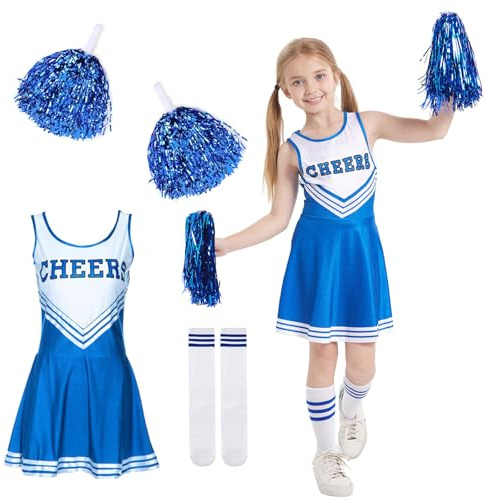 DAZZTIME Deguisement Pompom Girl Enfant,Uniforme de Pom-Pom Girl-140cm,Uniforme de Pompom Girl Fille,avec Pompoms Chaussettes,Deguisement Cheerleader,Costume Cheerleader Fille de Carnaval., Bleu