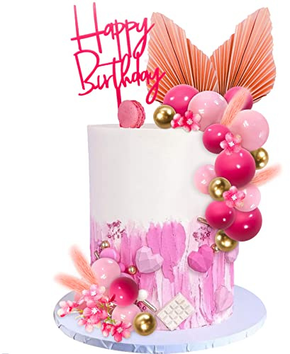 Morofme Pink Cake Decorations 29pcs, Flower Cake Toppers with Gold Pink Cake Balls, Happy Birthday Topper, Artificial Plant, Palm Leaves Cupcake Decorations for Boho Theme Party Baby Shower Birthday