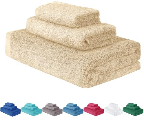 HaraDeco Juego de Toallas 3 Piezas 100% Algodón 400gsm, 1 de Ducha, 1 de Mano y 1 de Tocador, Suave Absorbentes y de Secado Rápido para Hogar Viaje Camping Vacaciones(Beige)