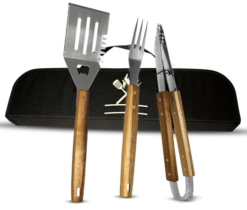 Premium Grillbesteck Set aus Akazienholz und Edelstahl mit Tasche | Grillset mit Grill Spachtel, Grillzange Set, Grillschaber (Set mit Tasche ohne Gravur, auffällige Maserung)