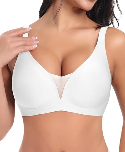 Ganado Sujetador sin Aros Mujer Sujetadores Encaje sin Costuras Bralette Básicos Cuello V Profundo, Blanco, M