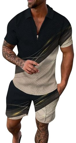 Fitness Kleidung Herren & Männer Trainingsanzug Casual Laufen Sport Sweat Reißverschluss Top Strand Joggers Gym Top Activewear 2-Teilige Kurzarm Und Shorts Kleidung Set Polo Shirt Set Kurzarm