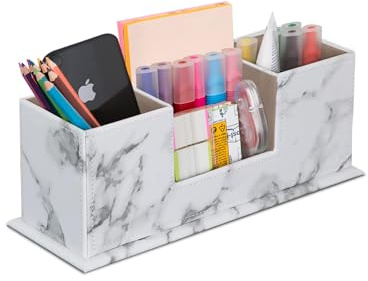 AINAK Schreibtischorganizer aus PU Leder (4 Fächer) – Stiftehalter, Schreibtischorganisator für Bürobedarf, Post-its, Notizzettel, Visitenkarten und mehr (Grau) (Weiss)
