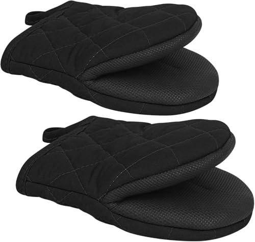 1 Pair Short Oven Mitts, Heat Resistant Silicone Kitchen Mini Mitts for 500 Degrees, with Non-Slip Grip Surfaces and Hanging Loop, Oven Gloves for Grilling Barbecue Microwave Machine (Black)