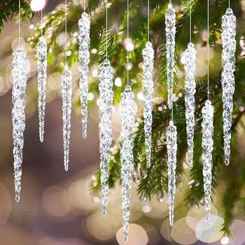 Patelai 12 Pcs Acrylic Icicles Hanging Ornaments Clear Christmas Tree Icicles Pendant Decorative for Christmas Xmas Holiday Wedding Party Decorations