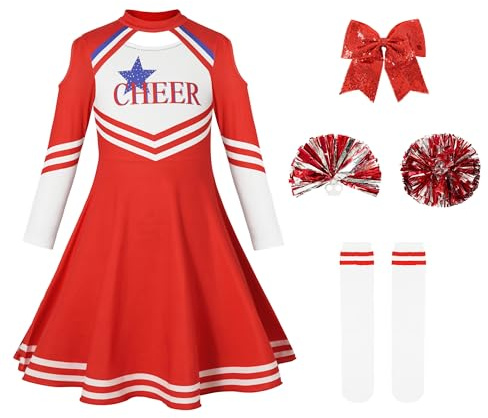 LOLANTA Costume da Cheerleader per Bambine Rosso, Abito da Cheerleader a Maniche Lunghe con Pompon e Calzini, Perfetto per Carnevale o Eventi Sportivi(Rosso,10-11 Anni, 150)