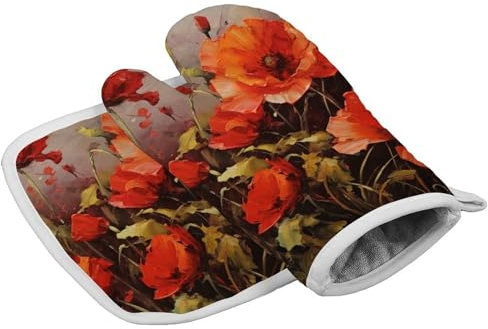 Ofenhandschuhe und Topflappen, Ölgemälde, rote Blume, hitzebeständig, Küche, Ofenhandschuh, isolierte Topflappen mit Aufhängeschlaufe, rutschfeste Kochhandschuhe zum Backen und Grillen
