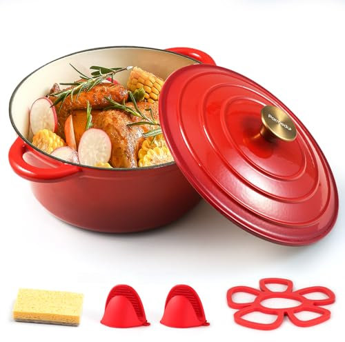 Parmedu Casseruola in Ghisa Smaltata - Forno Olandese Antiaderente con Coperchio - Cocotte Rotonda Adatta a Piani Cottura e Forni a Induzione