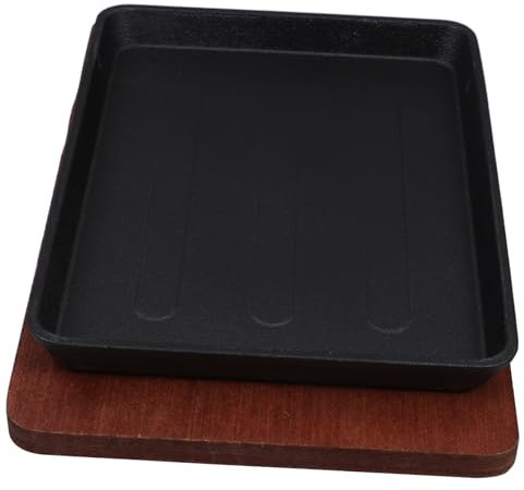 Cabilock Sartén De Hierro Fundido Para Fajitas Grande Con Base De Madera Placa Cuadrada Antiadherente Para Parrilla Freír y Teppanyaki Para Hogar y Restaurante