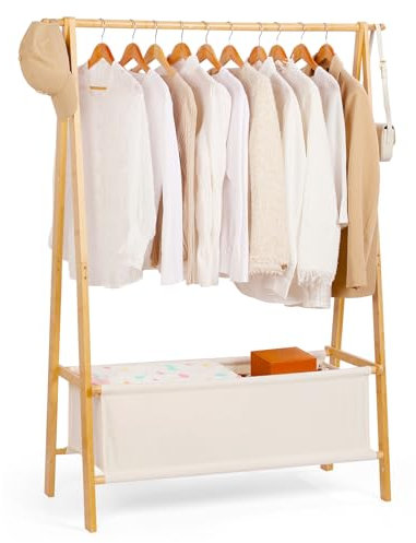 Relquorax Bamboo Clothes Rack with Storage Box, Portable Extra Large Garment Rack Clothing, Foldable Wardrobe For Entryway and Bed Room (L)