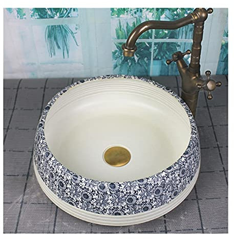 JKJZSALJ Vasque À Poser Vasque À Poser De Salle De Bain Rétro Chinoise, Vasque À Poser De Salle De Bain Ronde en Céramique Et Porcelaine Au-Dessus du Comptoir Vasque À Poser De Salle De Bain