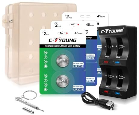 Lir2032 Wiederaufladbarer Akku, ersetzt CR2032-Batterien mit Ladegerät, 6 Stück, 3,6 V Lithium-Ionen-Knopfzelle (mit verschließbarer Aufbewahrungsbox für zusätzliche Sicherheit)