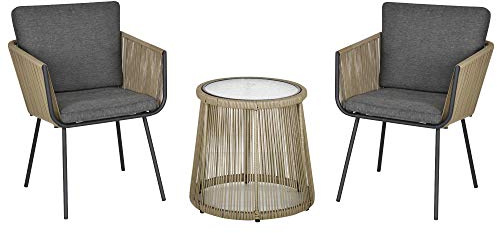 Outsunny Conjunto de Jardín Exterior de 3 Piezas Juego de 2 Sillas y Mesa de Ratán con Cojines Acolchados y Encimera de Vidrio para Balcón Terraza Café y Gris