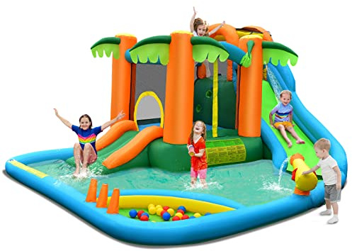 COSTWAY Inflatable Water Park, 4.3 x 3.75 x 2.05m Kids Bouncy Castle with Dual Slides, Climbing Wall, Splash Pool, Water Cannon, Blow up Bounce Waterslides for Outdoor Indoor Play