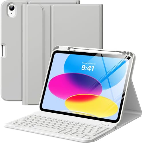 MoKo Funda con Teclado para iPad 11ª/10ª Generación, Funda con Teclado para iPad con Soporte para Lápiz, Teclado Bluetooth Desmontable Multiángulo para iPad 11ª/10ª Generación 2025/2022, Plata
