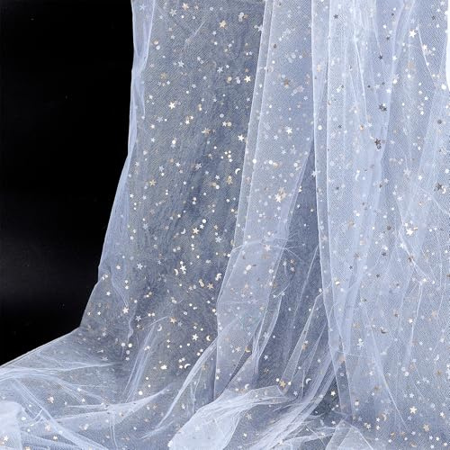 Letsinstyle 5 Yards 63 Zoll Glänzende Tüllrollen Mit Sternen Und Monden Glitzer Weißes Tüllband Netzstoffbänder Nähzubehör Für Tischhintergründe Wickelröcke DIY Bastelarbeiten