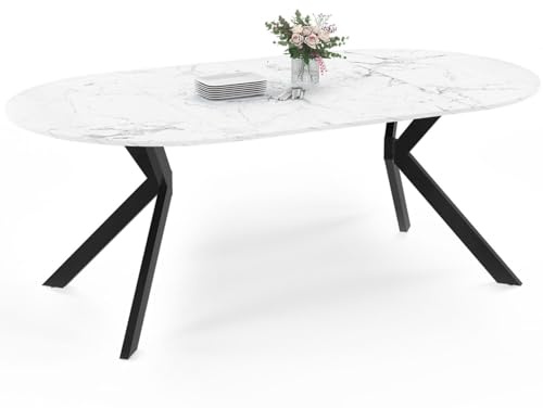 IDMarket - ALIX tavolo da pranzo rotondo allungabile 4-10 persone gamba a ragno nera piano effetto marmo bianco ALASKA 110-200 cm