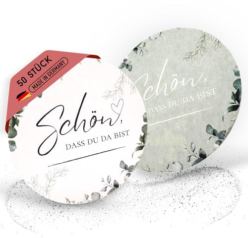 EV® Bierdeckel Pappe - 50 Stück, Eukalyptus [Schön, DASS du da bist] | Hochwertige Getränkeuntersetzer mit Doppelseitigem Design - Made in Germany - Ideal als Tischdeko für Geburtstag & Feste