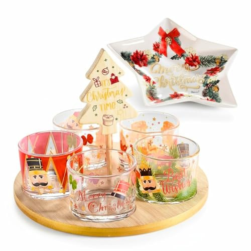 Set Apéritif de Noël, 5 Verrines en Verre avec Support Bois et Plat Étoile en Porcelaine, Collection Casse-Noisette, Motifs Festifs, Model du plat en Forme d'Étoile Aléatoire