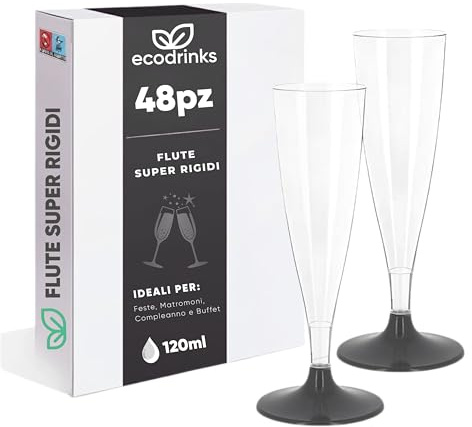 ecodrinks Set 48 Flute Plastica Dura da 120ml, Riutilizzabili, Neri - Calici Infrangibili con Bordo Arrotondato Comfort-Feel - Eleganti Bicchieri per Prosecco, Champagne e Cocktail