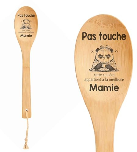 Planetee Cuillère en Bambou Pas touche Mamie - Ustensile de Cuisine, Gravure Mamie, Idée Cadeau, Fête des Grand-mères Anniversaire, Noël