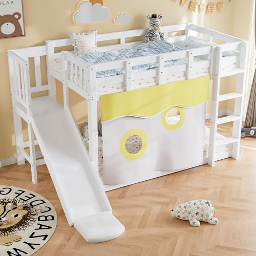 HUQIQWE Letto A Castello 90x200 Bianco Con Scala E Sponde, Scivolo E Tenda Letto, MDF+Pino; Letto A Soppalco Con Parapetto, Tipo Letto Soppalco Per Camera Da Letto E Mansarda