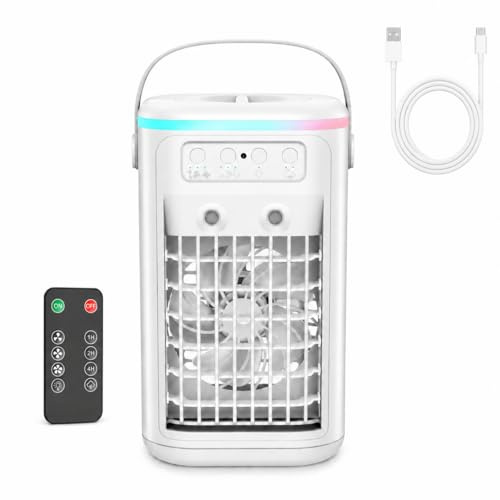 Mini Air Conditioner, Portable Air Cooler Fan with 1000ML Water Tank, Portable Air Conditioner with 3 Speeds, 2 Mist Modes, Remote Control, 1-4H Timer, 7 LED Lights, Cooling Fan for Room Desk