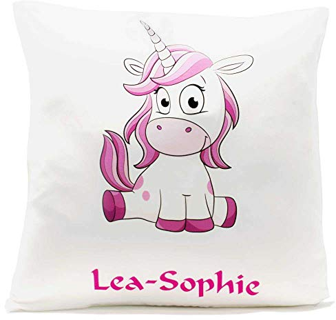 SL-Store GbR Kissen mit Namen Geburt Einhorn pink 40x40 cm inkl. Füllung Kuschelkissen, Kissen Farbe:Vorderseite + RS weiß strukturierte Oberfläche
