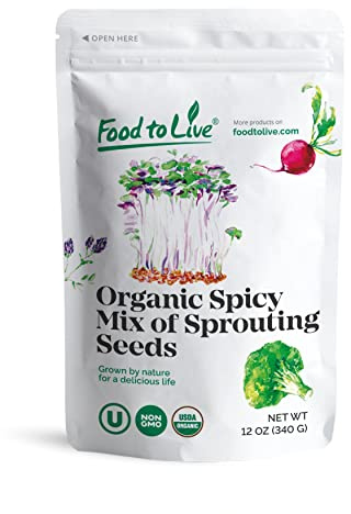 Food to Live Organic Spicy Mix of Sprouting Seeds, 12 Ounces — Non-GMO Broccoli, Radish, Alfalfa, Raw, Rich Germination Rate, Non-Irradiated, Pure, Kosher, Vegan Superfood, Bulk, Rich in Sulforaphane