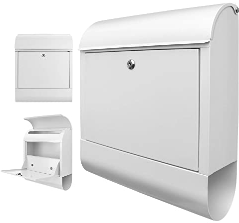 banjado® Design Briefkasten mit Motiv 38,5x46,5x13cm & 2 Schlüssel - Briefkasten Stahl weiß mit Zeitungsfach pulverbeschichtet - Postkasten A4 Einwurf inkl. Montagematerial