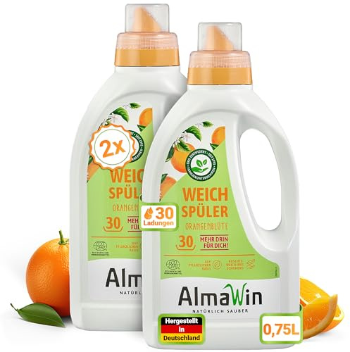 AlmaWin® Weichspüler mit Orangenblüten-Duft [2x 750ml - 60 Ladungen] für kuschelweiche Wäsche - Veganer Weichspüler Bio kombinierbar mit allen Waschmitteln - Flüssiger Weichspüler Öko Softener