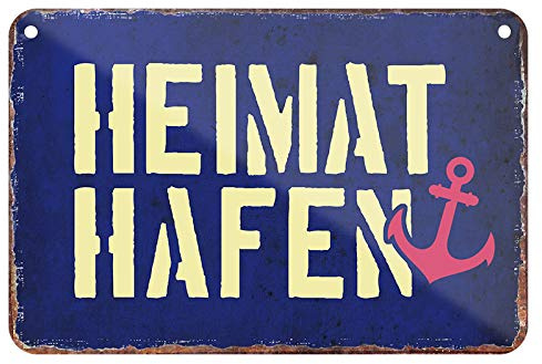 Blechschild Heimathafen - Metallschild mit Kordel und Saugnapf - Maritime Deko Geschenk - Anker Dekoration Schild Wohnwagen - Einweihungsgeschenk Wohnung - Nordsee Hamburg Küsten Deko - 18x12cm