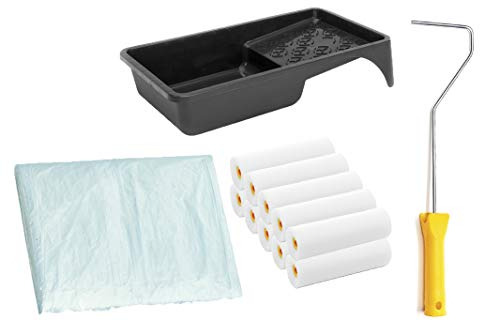 Lackier Set: 10 x Schaumwalzen 10 cm superfein gerade | 1 x Farbroller Bügel | 1 x Farbwanne | 1 x Abdeckfolie