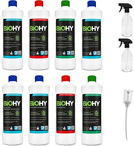 BiOHY Kit de nettoyage complet avec doseur et 2x 500ml vaporisateur en verre (8 x 1 L) | nettoyant pour salle de bain, fenêtres et sols | puissant & efficace | nettoyant bio durable