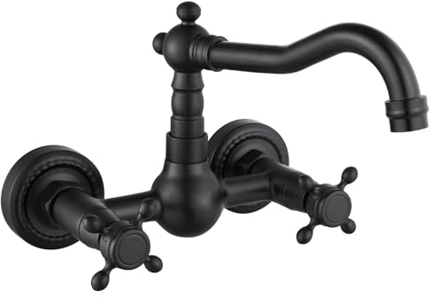gotonovo Wall Mount 6 Inch Center Kitchen & Bathroom Faucet Double Cross Knobs Handle Vintage Mixer Tap 5.5 Inch Spout Reach Utility Faucet, Matte Black