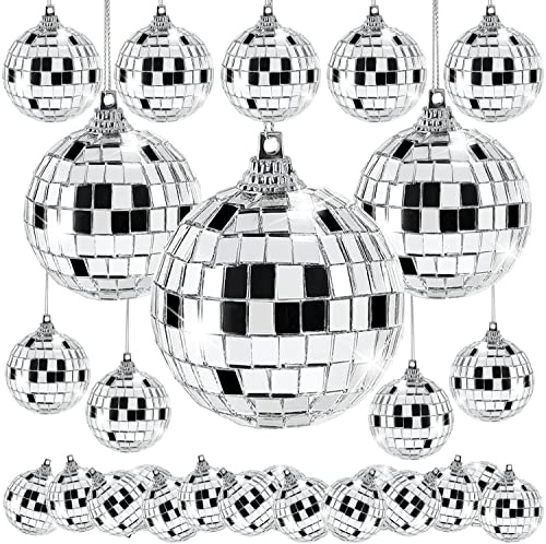 45Pcs Mirror Disco Balls 5 Sizes Hanging Mirror Ball Ornament with Rope 70s Disco Party Decorations Silver Disco Balls for Christmas Tree Decor Stage Props Festivals (0.79/1.18/1.97/3.15/3.94 inch)