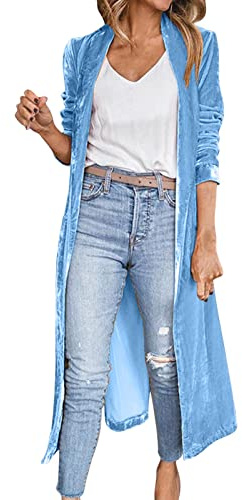 Cappotto casual da donna in velluto allentato elastico cappotto lungo cappotto casual lungo cappotto cardigan tasca cappotto solido cardigan spolverini per le donne, blu cielo, L