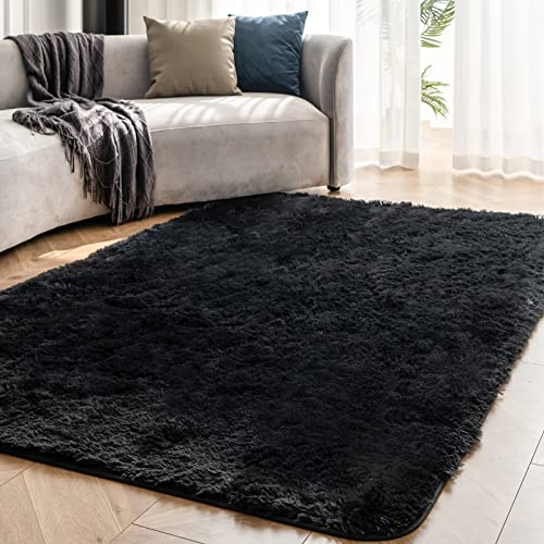 OMERAI Alfombra Salon Pelo Largo Grande Rectangular - Negra, Yute, 120X180CM - Para Habitación y Dormitorio