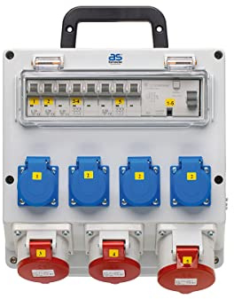 as - Schwabe Distributore a parete pronto per il collegamento, uscita 4 x Schuko, 2 x CEE (400 V/16 A/5 poli), 1 x CEE (400 V/32 A/5 pin), attacco fisso NYM-J fino a 5 x 10, scatola di distribuzione