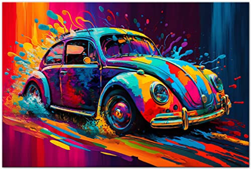 Printonia Bild auf Leinwand 120 x 80cm Volkswagen VW Käfer Oldtimer Abstrakt Art Automobil Bilder Deko Dekoration Wandbild Kunstdruck