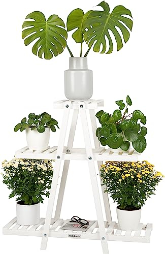 needs&wants® Pflanzenständer Blumenständer aus Holz wetterfest für Indoor Outdoor Balkon Garten draußen innen Wand, Pflanzenregal Blumentreppe, 83 x 28 x 83 cm hoch, weiß